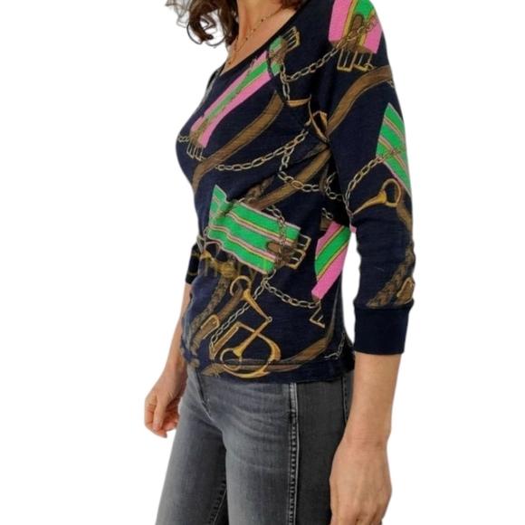 Ralph Lauren Jeans Black and Pink Equestrian Waffle Knit Fitted Graphic Top Sz M - Picture 4 of 6